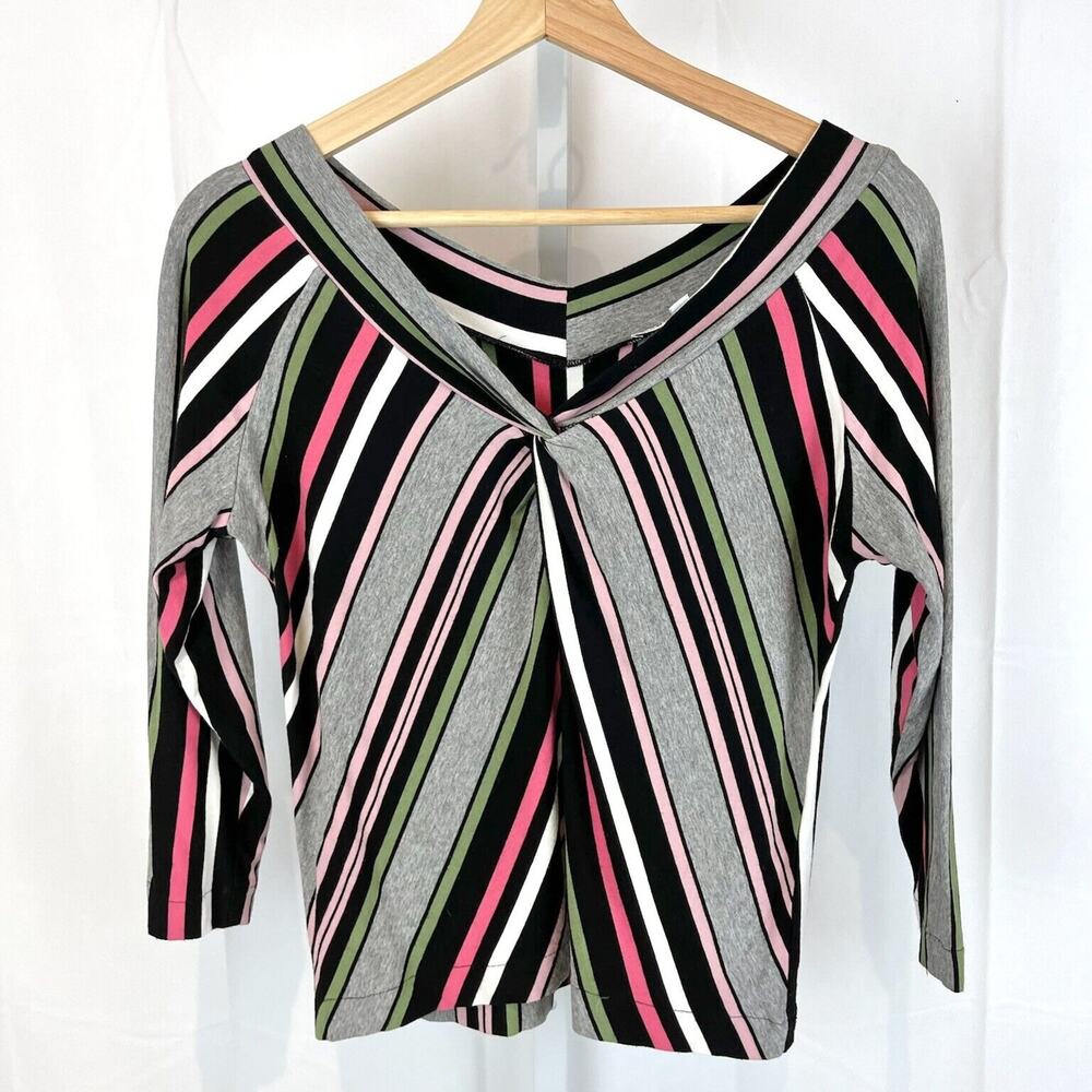 ANDRIA LIEU COLLECTION M Stripe 3/4 Sleeve Twist V Neck Top Shirt Multicolor USA